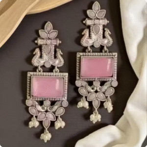 Elegant Pink Stone Oxidized Silver Chandbali Earrings for Women