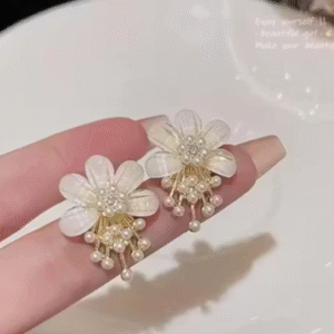 White Pearl Flower Earrings For Women